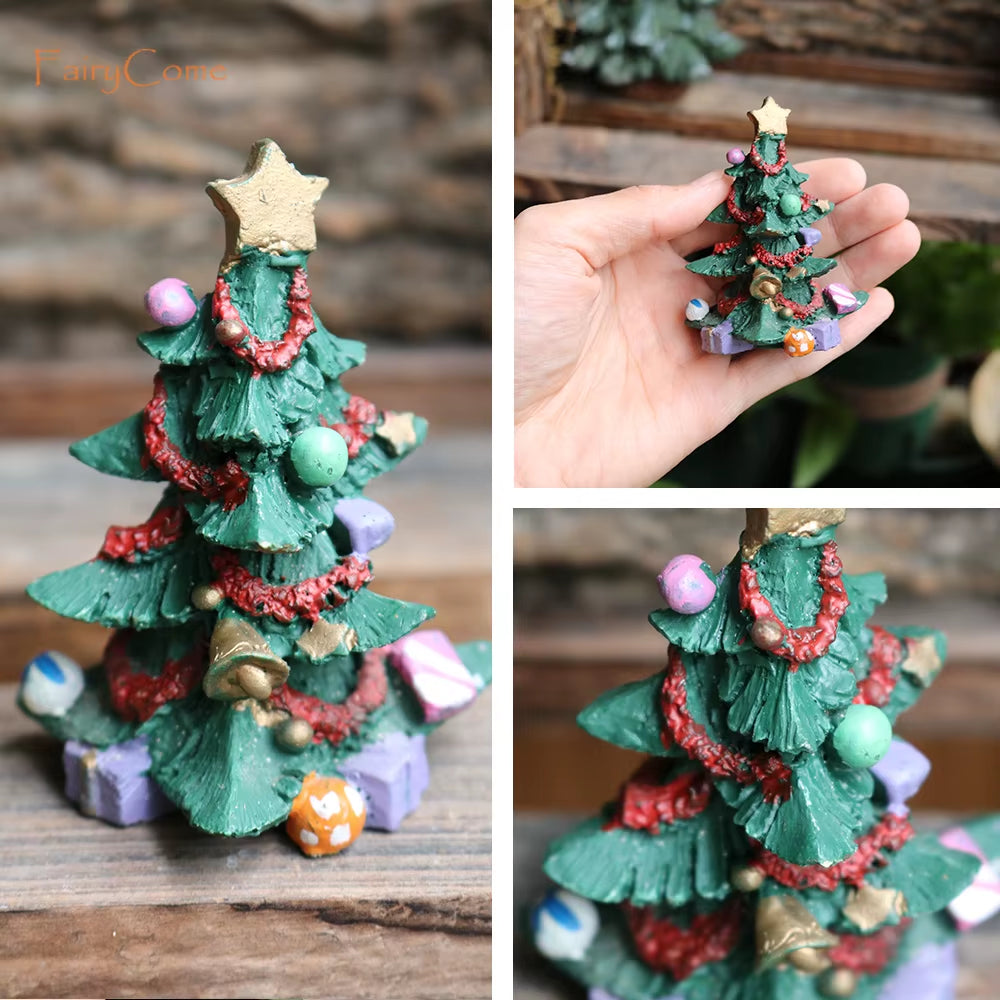 Christmas Miniatures Figurines Decoration Resin Mini Santa Reindeer Tree Village Figures LED Christmas Fairy Gardens Accessories