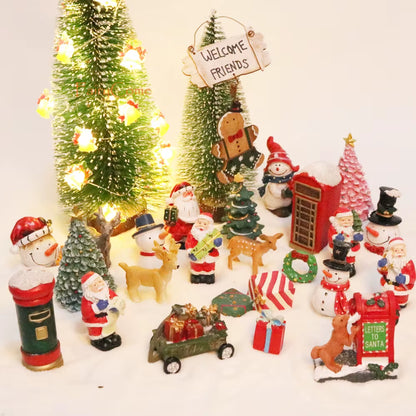 Christmas Miniatures Figurines Decoration Resin Mini Santa Reindeer Tree Village Figures LED Christmas Fairy Gardens Accessories