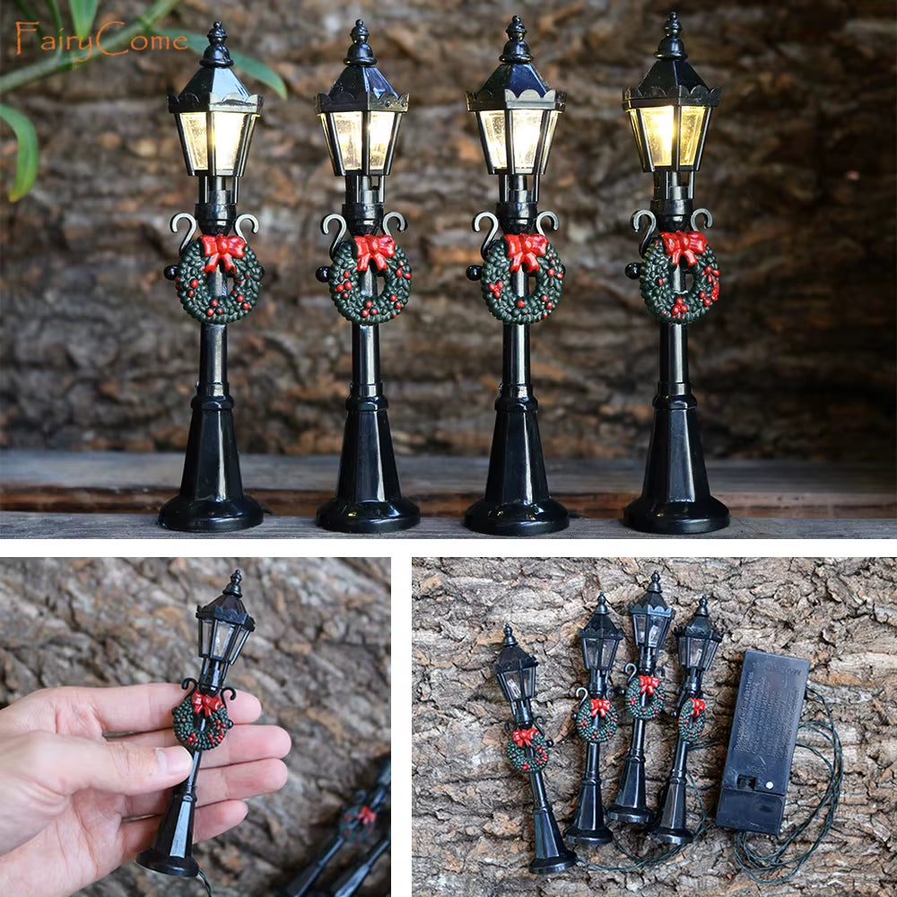 Christmas Miniatures Figurines Decoration Resin Mini Santa Reindeer Tree Village Figures LED Christmas Fairy Gardens Accessories