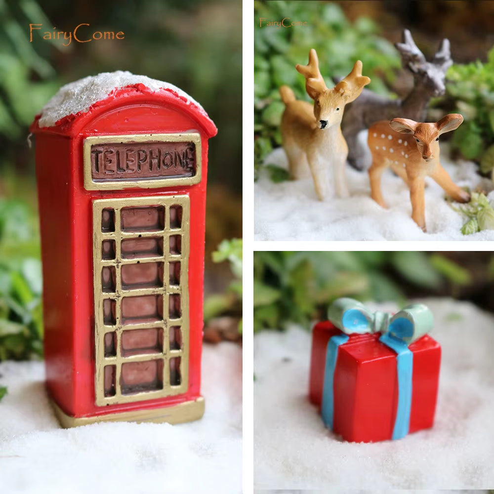 Christmas Miniatures Figurines Decoration Resin Mini Santa Reindeer Tree Village Figures LED Christmas Fairy Gardens Accessories