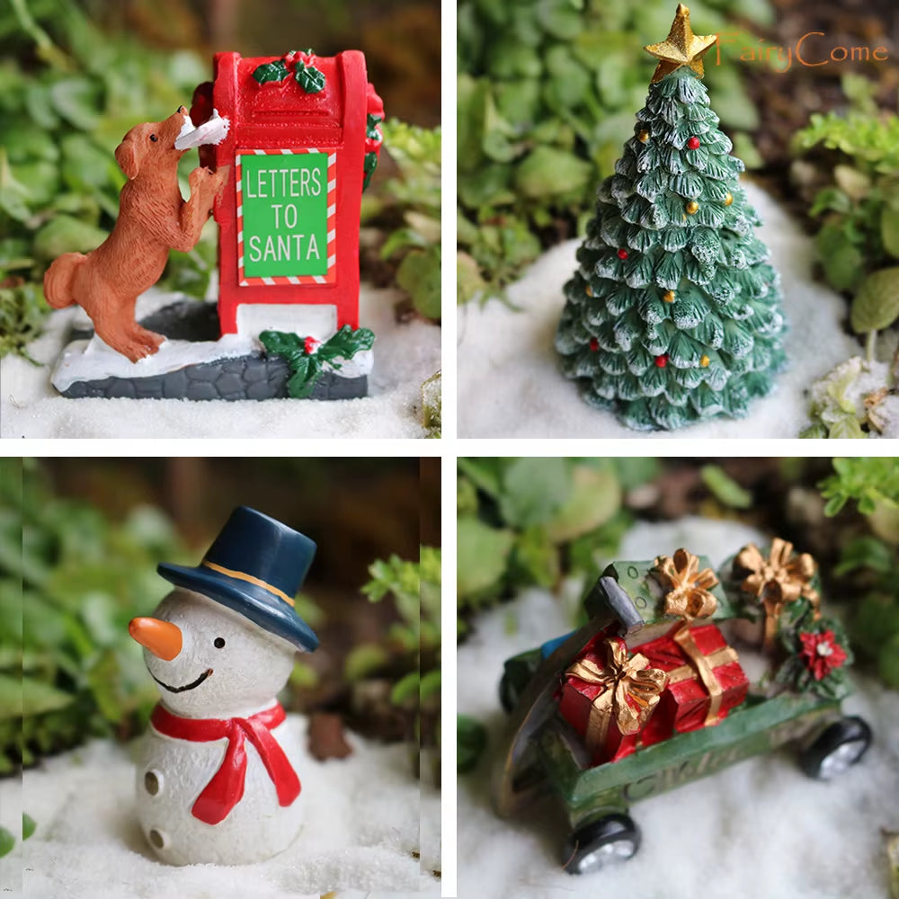 Christmas Miniatures Figurines Decoration Resin Mini Santa Reindeer Tree Village Figures LED Christmas Fairy Gardens Accessories