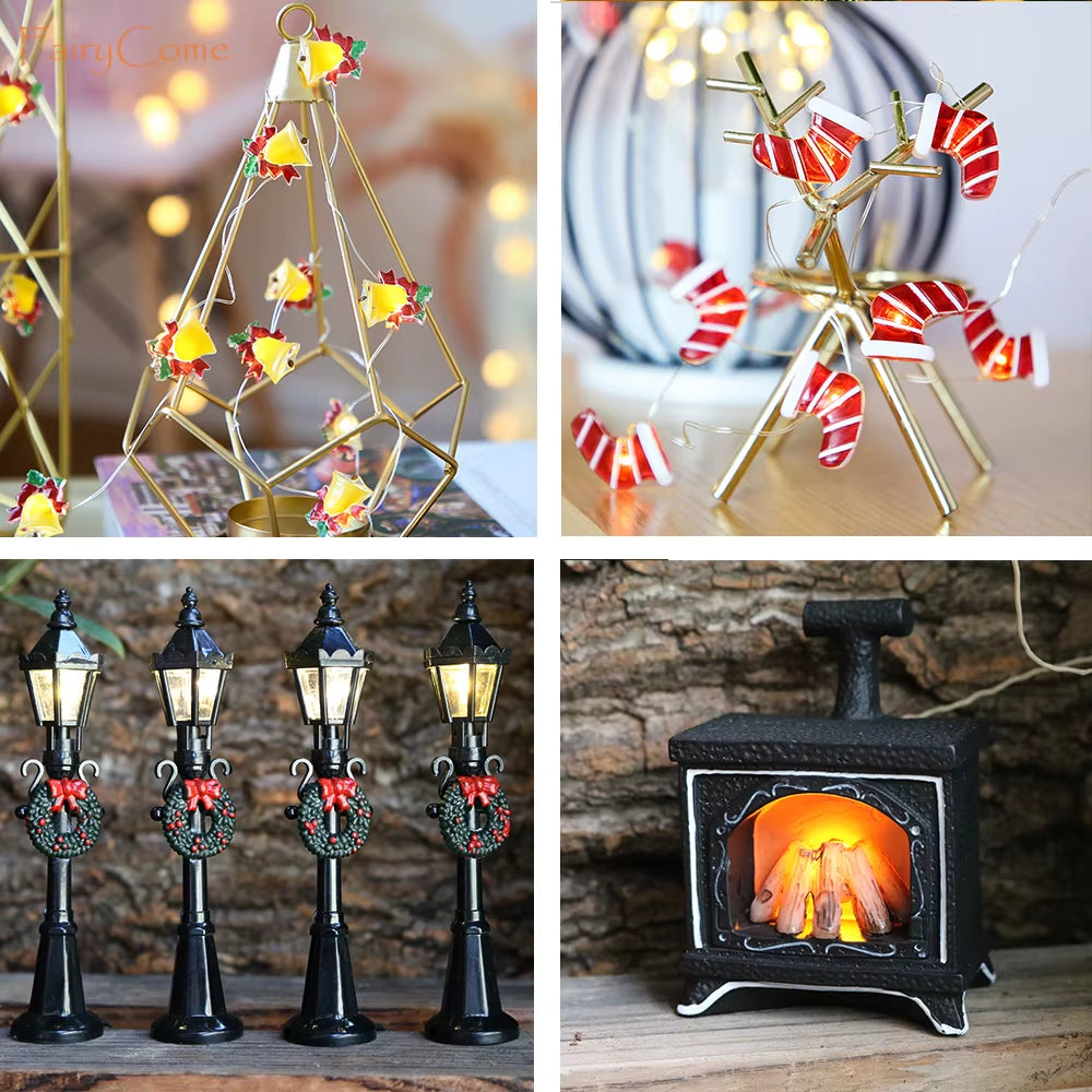 Christmas Miniatures Figurines Decoration Resin Mini Santa Reindeer Tree Village Figures LED Christmas Fairy Gardens Accessories