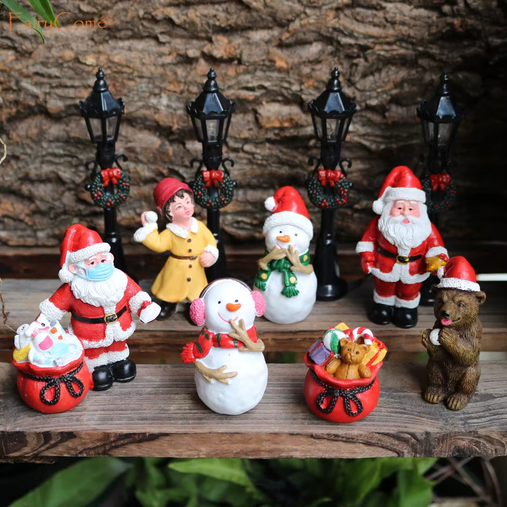 Christmas Miniatures Figurines Decoration Resin Mini Santa Reindeer Tree Village Figures LED Christmas Fairy Gardens Accessories